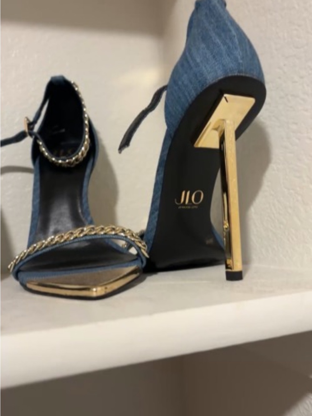 Jennifer Lopez Denim Blue High Heel Sandals with Gold Accents